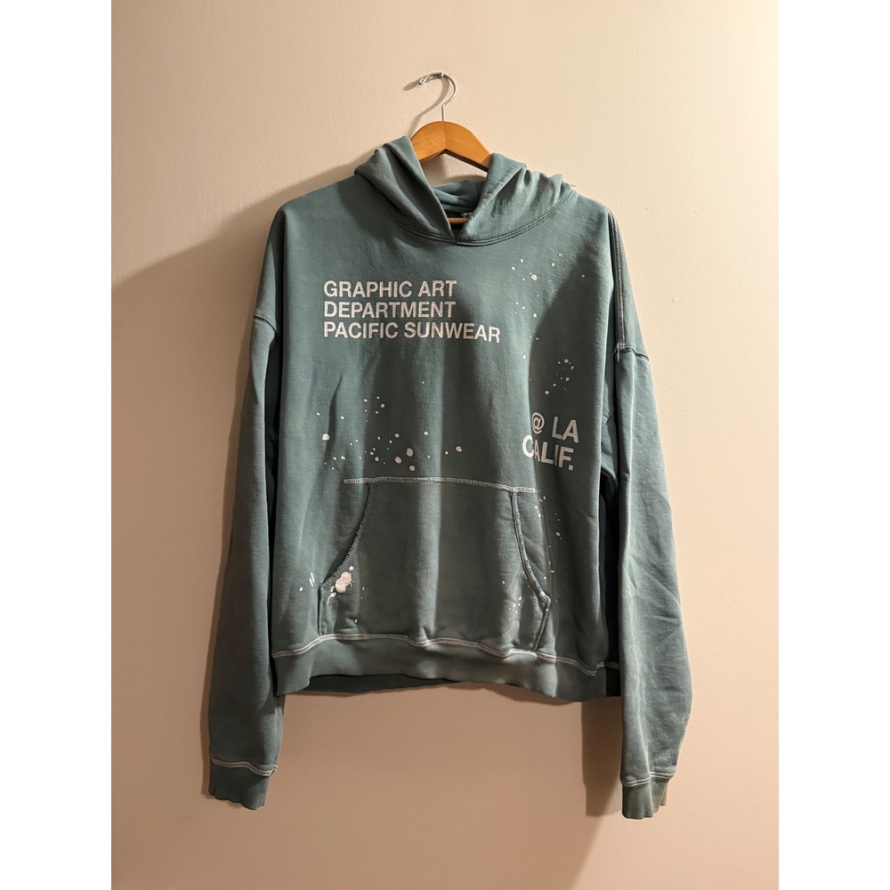 PacSun Graphic Art Dept Hoodie Teal Paint Splatter LA NY Mens Boxy Fit